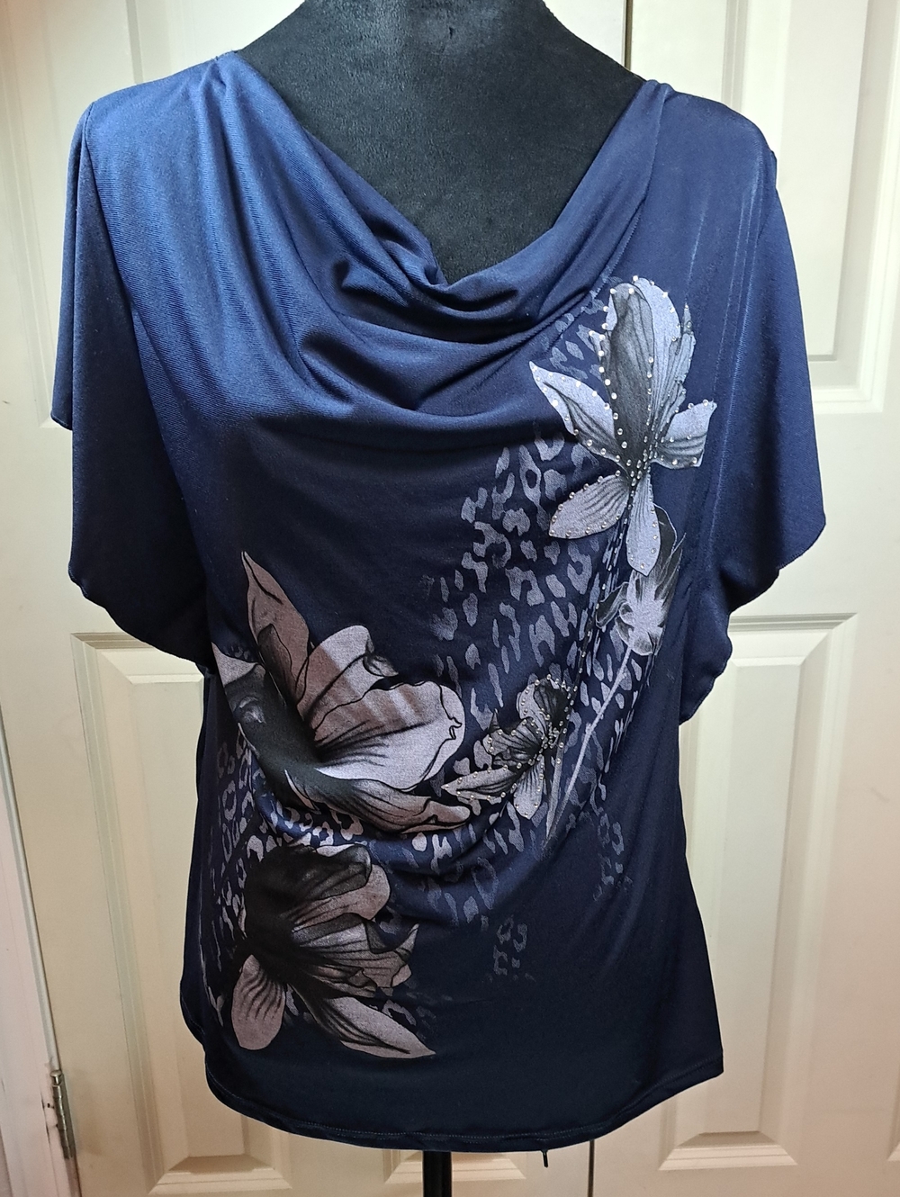 dressbarn Navy Floral Drape-Front Blouse - Picture 1 of 9
